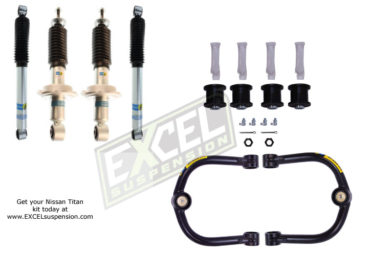 24-197649, 24-186766, 51-304713 Bilstein B8 5100 (Ride Height Adjustable) Front & Rear Shock Absorbers with Bilstein Control Arms for 2004-2015 Nissan Titan 4WD